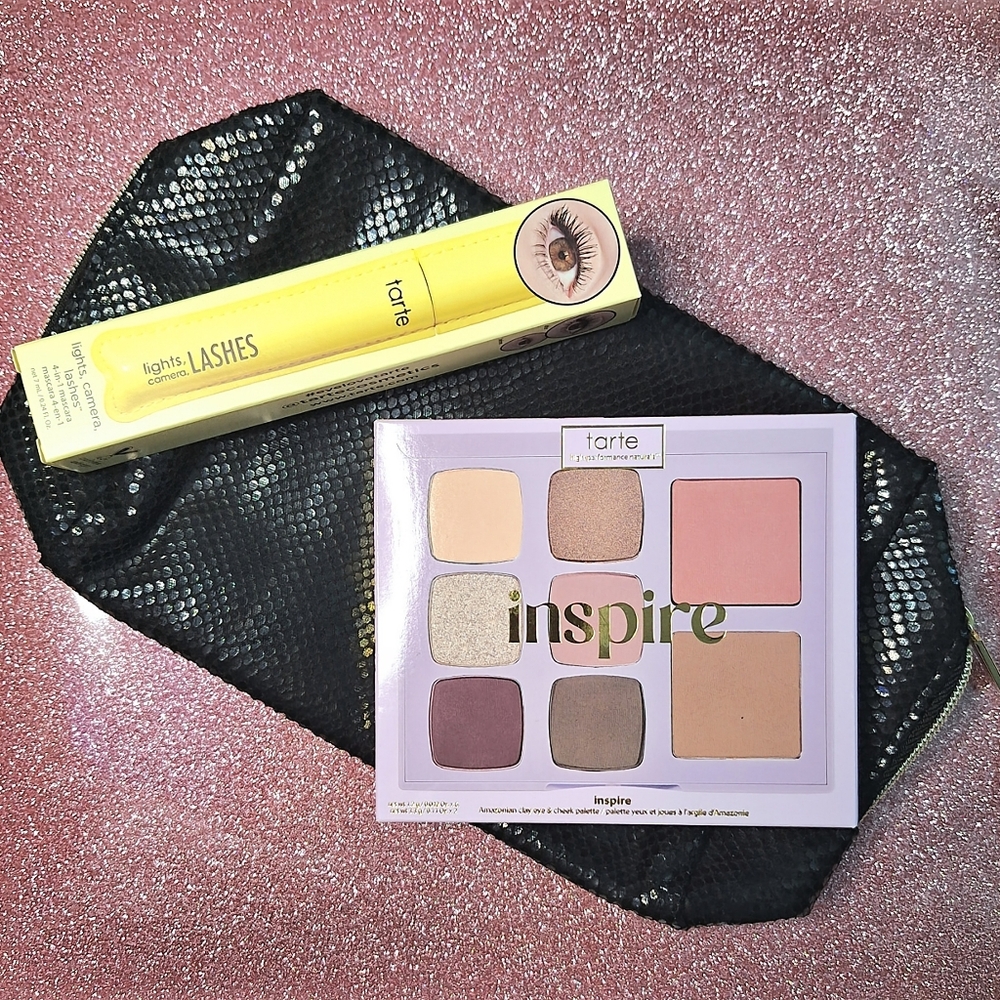 Tarte: Lights Camera Lashes Mascara, Eye/Cheek Pallette, Black Glam Make Up Bag